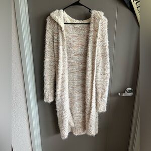 Poof! Cream Textured Hooded Open-Front Cardigan
